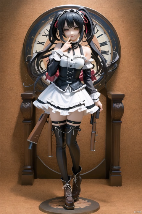  (best quality:1.5),(masterpiece:1.5),excellent facial detailing,intricate detail,great textures,(ultra high res),photorealistic,realistic,killer, PVC figure, 1girl, tokisaki kurumi, solo, weapon, gun, black hair, clock eyes, twintails, dress, long hair, thighhighs, hairband, boots, red eyes, lolita fashion, lolita hairband, rifle, heterochromia, clock, symbol-shaped pupils, smile, looking at viewer, yellow eyes, bare shoulders, medium breasts, breasts, full body, finger to mouth, roman numeral