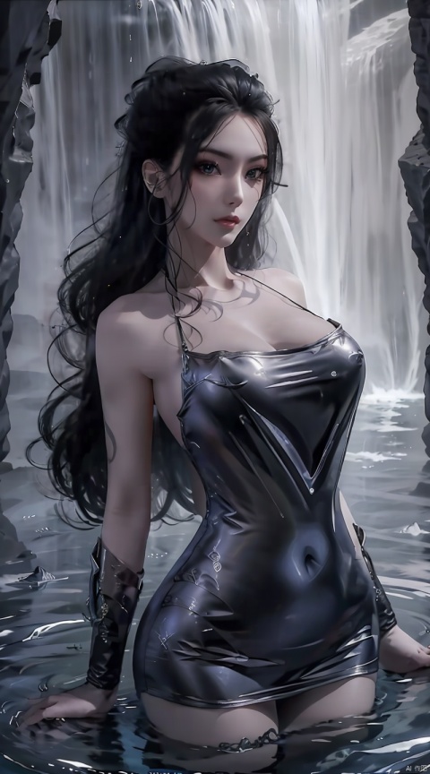  upper_body,,armor,dress,water_elemental, jmai,black dress,ray tracing,