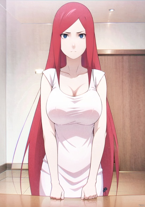 1girl, solo, long hair, looking at viewer, blue eyes, hair ornament, upper body, red hair, hairclip, indoors, grey eyes, frown, parody, XJN,large pectorals,frown,full body