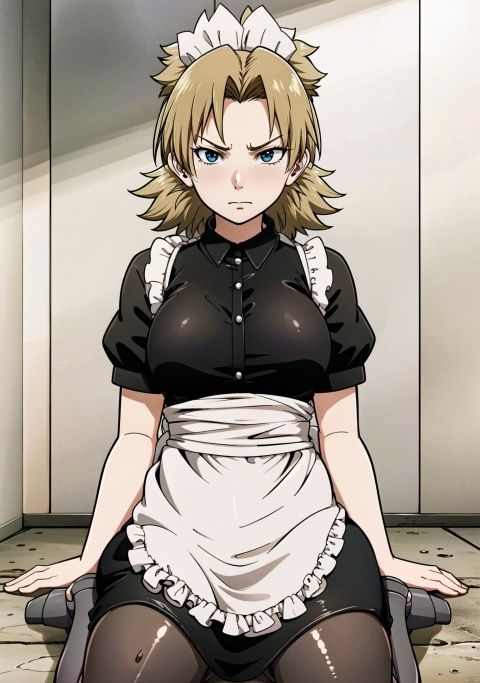  1girl, solo, breasts, angry, blue eyes, blonde hair, pantyhose, alternate costume, indoors, apron, torn clothes, maid, maid headdress, black shirt, waist apron, white apron, maid apron, frilled apron, enmaided, torn pantyhose, torn thighhighs, grey eyes, frown, parody, SJ,sitting, YZZ,wariza