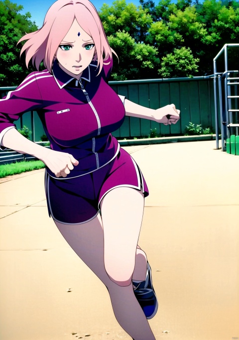  1girl, solo,(big_breasts:1.3), short hair, green eyes, pink hair, outdoor, track suit,running,playground,shorts,black ribbon,facial mark,full body,forehead mark, haruno sakura, CYY,sweat