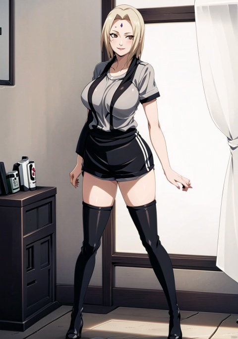  1girl, solo, (big breasts), blonde hair,  brown eyes,looking at viewer, smile, bangs, shirt, thighhighs, closed mouth, standing, full body, white shirt, short sleeves, thighs, shorts, black thighhighs, indoors, black footwear, high heels, short shorts, bed, curtains, gym uniform, shorts, bedroom, gym shirt, facial mark, forehead mark, tsunade \(naruto\), GS,smile, , hand, DCT