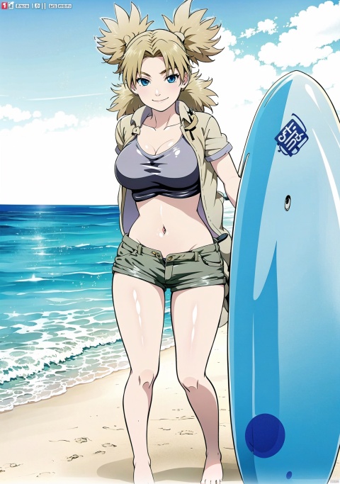  1girl, solo, breasts, smile, blue eyes, blonde hair, shirt, navel, breasts, beach,swimsuit, shorts, barefoot, t-shirt, grey shorts, quad tails, surfboard, SJ