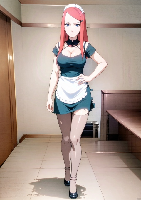  1girl, solo, long hair, looking at viewer, blue eyes, hair ornament, red hair, hairclip, pantyhose, alternate costume, indoors, apron, torn clothes, maid, maid headdress, black shirt, facial mark, waist apron, white apron, maid apron, frilled apron, enmaided, forehead mark, torn pantyhose, torn thighhighs, grey eyes, frown, parody, XJN,large pectorals,full body,black ribbon,