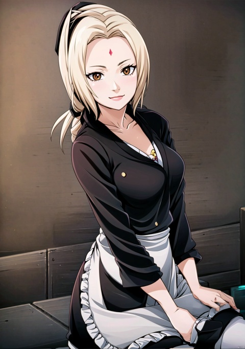  1girl, solo, breasts, blonde hair, average_breasts, brown eyes,pantyhose, alternate costume, indoors, apron, torn clothes, maid, maid headdress, black shirt, waist apron, white apron, ((maid apron)), frilled apron, enmaided, torn pantyhose, torn thighhighs, facial mark, forehead mark, tsunade \(naruto\), GS,smile,hand, DCT
