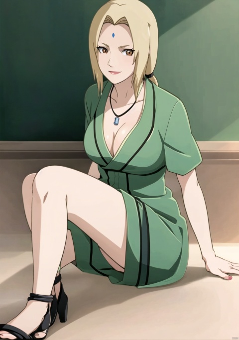  1girl, solo, breasts, blonde hair, average_breasts, classroom, brown eyes,miniJK , collarbone, package breasts,necklace, facial mark, forehead mark, tsunade \(naruto\), GS,smile, ((poakl)),full body,sitting, 