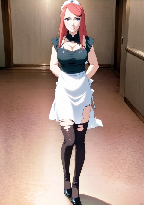  1girl, solo, long hair, looking at viewer, blue eyes, hair ornament, red hair, hairclip, pantyhose, alternate costume, indoors, apron, torn clothes, maid, maid headdress, black shirt, facial mark, waist apron, white apron, maid apron, frilled apron, enmaided, forehead mark, torn pantyhose, torn thighhighs, grey eyes, frown, parody, XJN,large pectorals,full body,black ribbon, 