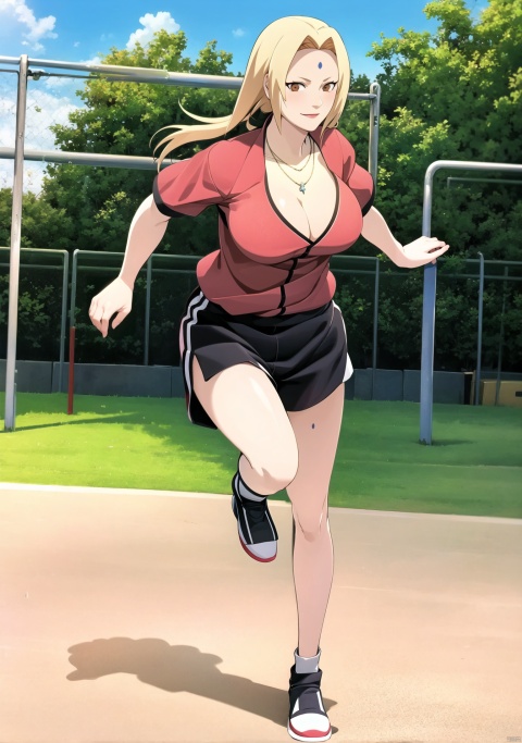  1girl, solo, breasts, blonde hair, brown eyes,  necklace, big_breasts,red hair,hairclip,  outdoor, track suit,running,playground,shorts,black ribbon,facial mark,full body,sweat,facial mark, forehead mark, tsunade \(naruto\), GS,smile,full body,