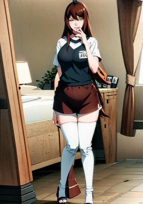  1girl, solo, long hair, (big breasts), brown hair, very long hair,green eyes, looking at viewer, smile, bangs, shirt, thighhighs, standing, full body, white shirt, short sleeves, thighs, shorts, black thighhighs, indoors, black footwear, high heels, short shorts, bed, curtains, gym uniform, shorts, bedroom, gym shirt ,purple nails, ZMM,frown, DCT, hand