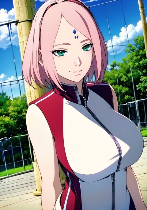  1girl, solo, smile,(big_breasts:1.3), short hair, green eyes, pink hair, outdoor, track suit,jogging,playground,facial mark,   forehead mark, haruno sakura, CYY