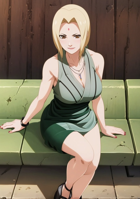 1girl, solo, breasts, looking at viewer, blonde hair, breasts, park bench, brown eyes, jewelry, collarbone, full body, package breasts,sleeveless, necklace, v-shaped eyebrows, facial mark, forehead mark, tsunade \(naruto\), GS,smile