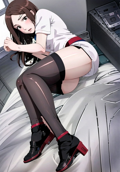  solo, brown hair, 1girl, female focus, looking at viewer,big_breasts:1.1,shirt,lying,white shirt, short sleeves, thighs, shorts, black thighhighs, indoors, black footwear, high heels, short shorts, bed, curtains, gym uniform, shorts, bedroom, gym shirt ,L, hand, DCT