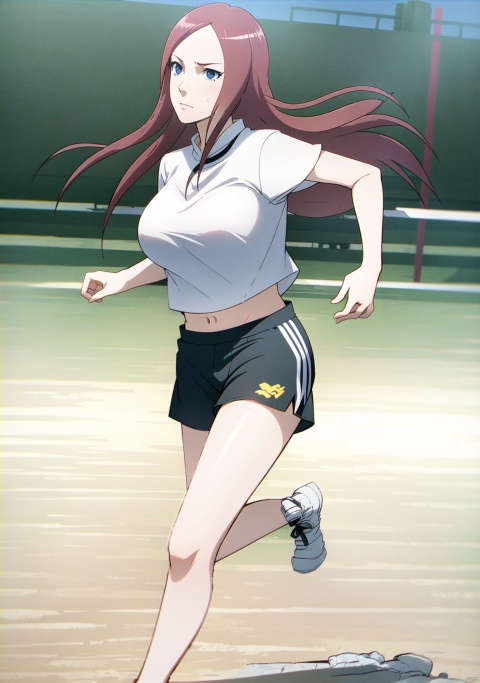  1girl, solo, long hair, looking at viewer, blue eyes, hair ornament, big_breasts,red hair,hairclip,  outdoor, track suit,running,playground,shorts,black ribbon,facial mark,full body,sweat, grey eyes, frown, parody, XJN,large pectorals,full body,black ribbon, ((poakl)),