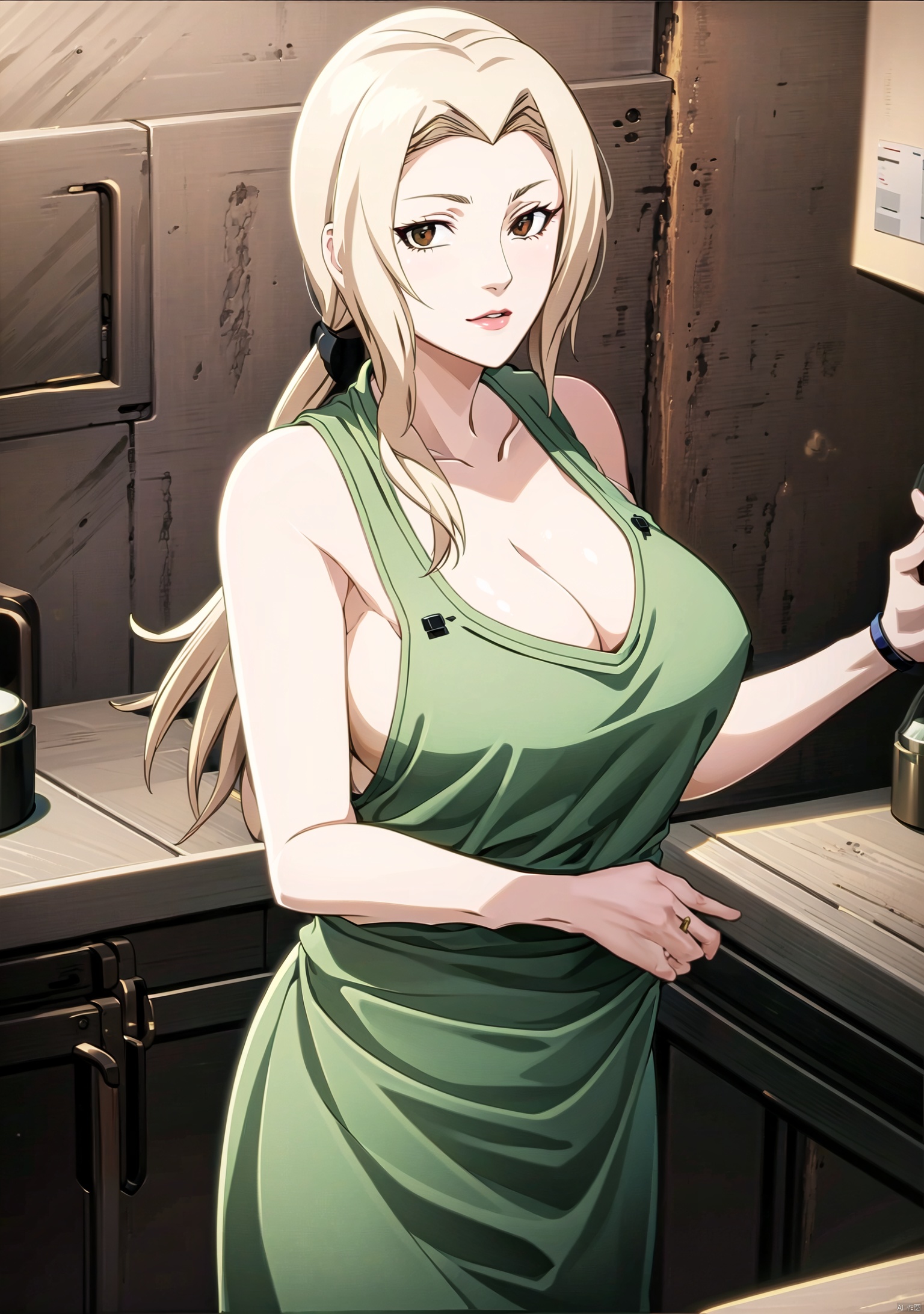 1girl, solo, long hair, breasts, looking at viewer, blonde hair, large breasts, shirt,(long apron),holding, cleavage, bare shoulders, brown eyes, closed mouth, standing, collarbone, white shirt, cowboy shot, sleeveless, pants, indoors, apron, lips, **** top, white **** top, kitchen,GS, hand, DCT