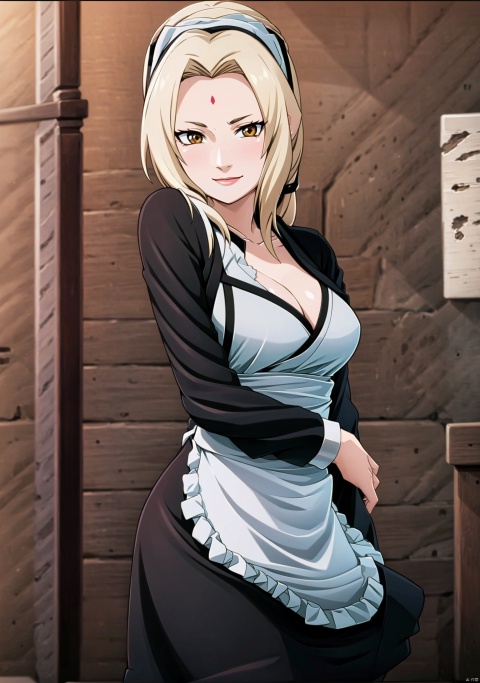  1girl, solo, breasts, blonde hair, average_breasts, brown eyes,pantyhose, alternate costume, indoors, apron, torn clothes, maid, maid headdress, black shirt, waist apron, white apron, ((maid apron)), frilled apron, enmaided, torn pantyhose, torn thighhighs, facial mark, forehead mark, tsunade \(naruto\), GS,smile,hand, DCT