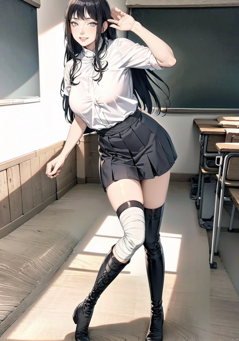  1girl, solo, long hair, classroom, black hair, thighhighs,big_breasts, smile, ((miniJK)), full body, boots, bandages, hyuuga hinata, CT,happy,posing,