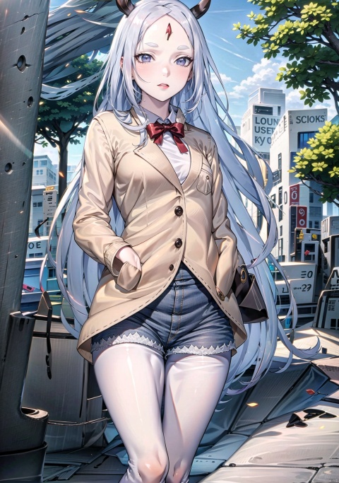 1girl, solo, long hair, breasts, looking at viewer, shirt, long sleeves, bow, animal ears, very long hair, standing, jacket, white shirt, flower, white hair, pantyhose, outdoors, horns, shorts, alternate costume, day, collared shirt, bowtie, tree, black jacket, parted bangs, grey eyes, short shorts, feet out of frame, blazer, denim, pale skin, arm behind back, white pantyhose, denim shorts, hand in pocket, forehead mark, forehead jewel,HY, DCT, hand