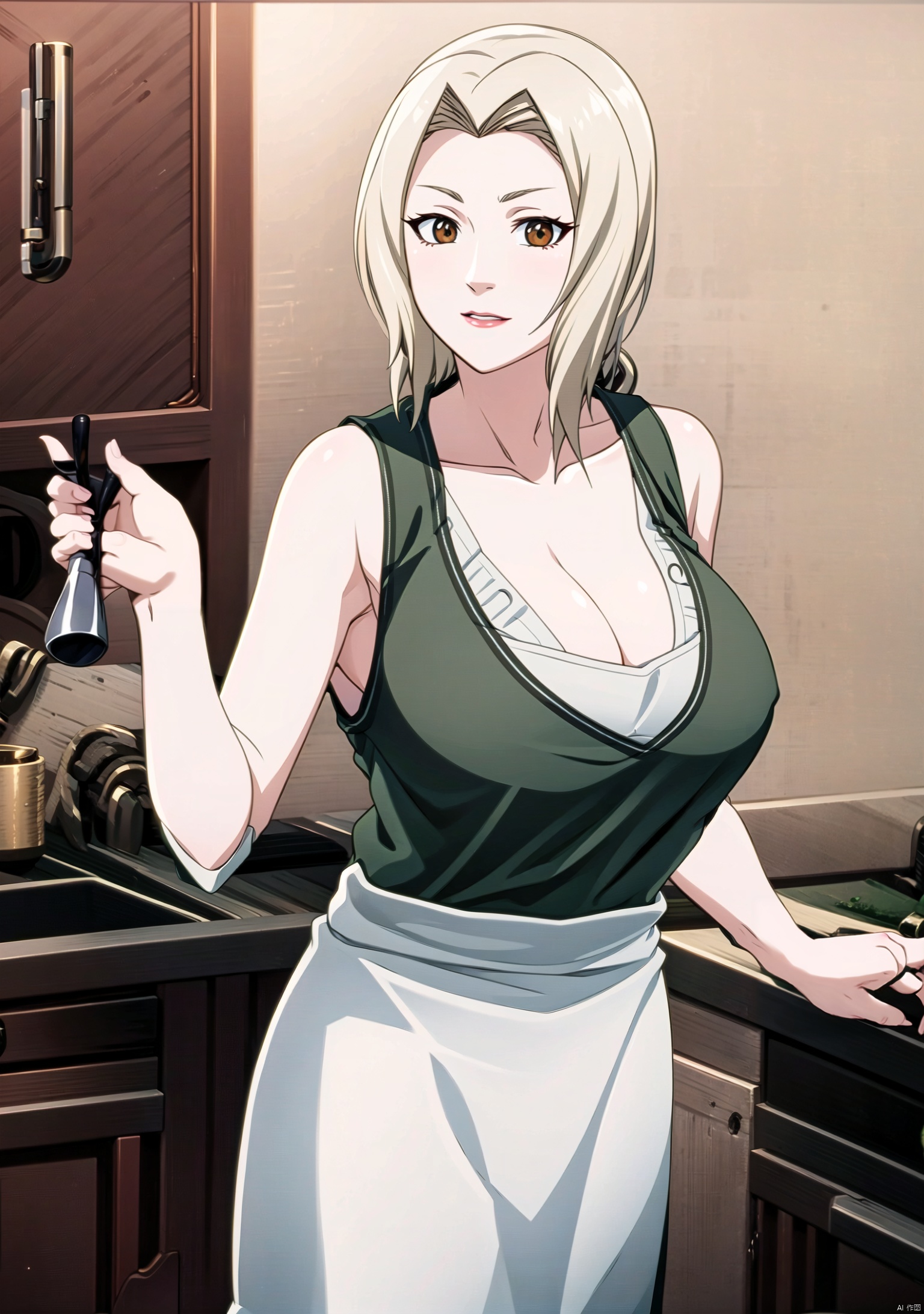 1girl, solo, long hair, breasts, looking at viewer, blonde hair, large breasts,underwear ,shirt,(long apron),holding, cleavage, bare shoulders, brown eyes, closed mouth, standing, collarbone, white shirt, cowboy shot, sleeveless, pants, indoors, apron, lips, **** top, white **** top, kitchen,GS, hand, DCT