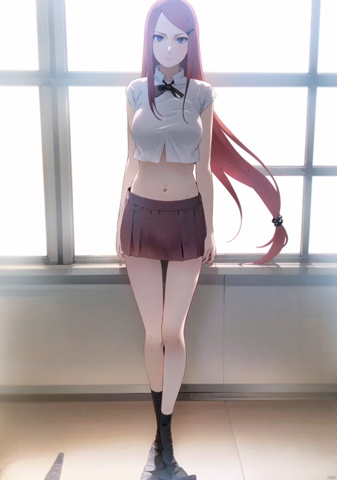  1girl, solo, long hair, looking at viewer, blue eyes, hair ornament, red hair,miniJK, hairclip, classroom, grey eyes, frown, parody, XJN,large pectorals,full body,black ribbon, ((poakl)),