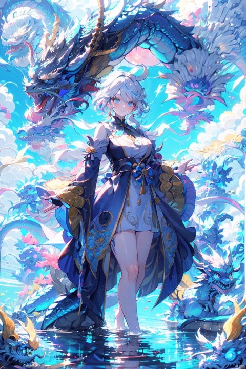 blue water Dragon and girl,1girl,umbrella,holding umbrella,breasts,holding,long hair,barefoot,solo,bare shoulders,white hair,monster,oil-paper umbrella,(( blue water Dragon:1.5))glowing,floating,long sleeves,large breasts,dress,looking at viewer,bangs,wide sleeves,white dress,, raiden shogun, kamisato ayaka