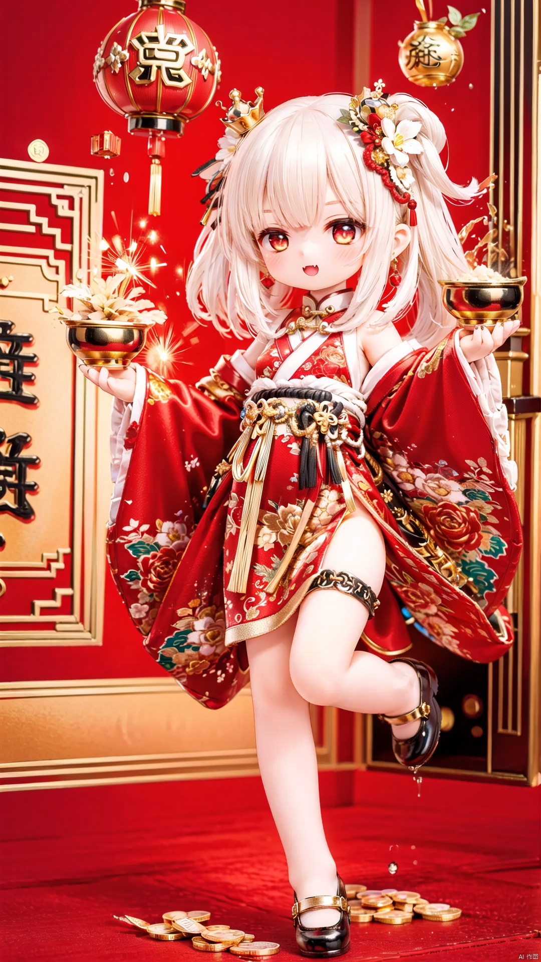  gold Theme,Human Girls,little girl(1.3),aged down,beautiful detailed girl,narrow waist,small breasts,Glowing skin,gold ingot,ruby Droplet shaped Earrings,crown,Delicate cute face,hanfu,chineseclothes,fine fabric emphasis,ornate clothes,gold Eyes,beautiful detailed eyes,Glowing eyes,((half-closed eyes)),((gold hair)),very long hair,long hair,glowing hair,Extremely delicate longhair,gold hair ornament,gold Heart Necklace,bare legs,Thin leg,Golden shoes,gold legwear garter,bare arms,Slender fingers,steepled fingers,Shiny nails,mischievous smile(expression),kirara jump,jumping,hand up,open mouth,tongue out,fangs out,long fang,beautiful detailed mouth,gold(ornament),garden, fountain,hyper realistic,magic,8k,incredible quality,best quality,masterpiece,highly detailed,extremely detailed CG,cinematic lighting, dafengcaishen, full body, lots of gold coins falling, ownhandstogether,Chinese New Year, festive atmosphere, 3D modeling and rendering, high definition, detail enhancement,facai