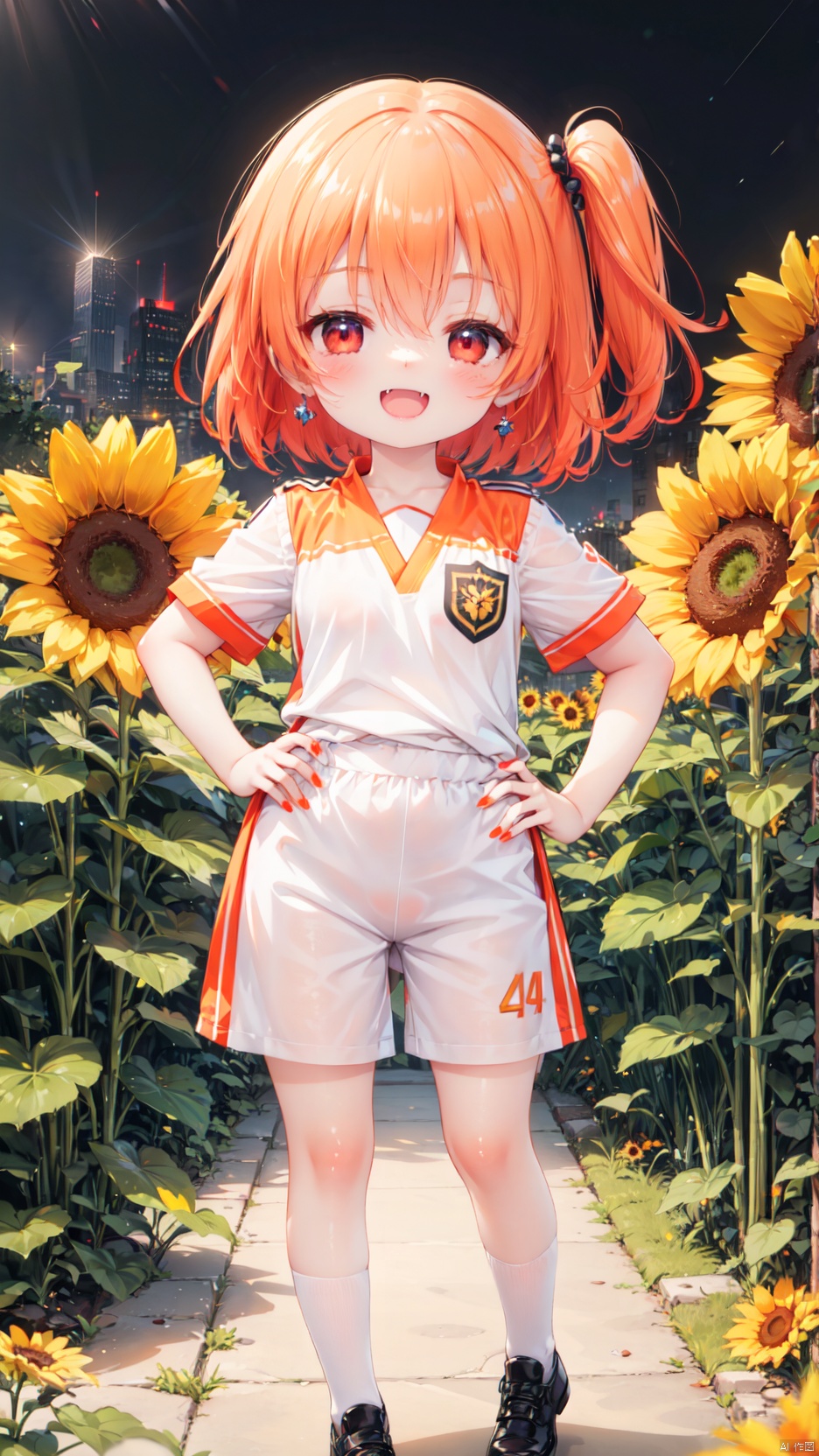  hoshino hinata,Little girl(1.4),aged down,beautiful detailed girl,narrow waist,small breasts,Glowing skin,Delicate cute face,soccer uniform,fine fabric emphasis,ornate clothes,red eyes,beautiful detailed eyes,Glowing eyes,((half-closed eyes)),((orange hair)),((side ponytail,hair rings)),short hair,glowing hair,Extremely delicate hair,Thin leg,bobby socks,Slender fingers,steepled fingers,Shiny nails,mischievous smile(expression),one hand on hip,thumbs up,:d,open mouth,fangs out,long fang,beautiful detailed mouth,sunflower print(ornament),garden,fountain,hyper realistic,magic,4k,incredible quality,best quality,masterpiece,highly detailed,extremely detailed CG,cinematic lighting,light particle,backlighting,full body,high definition,detail enhancement,(perfect hands, perfect anatomy),8k_wallpaper,extreme details,colorful