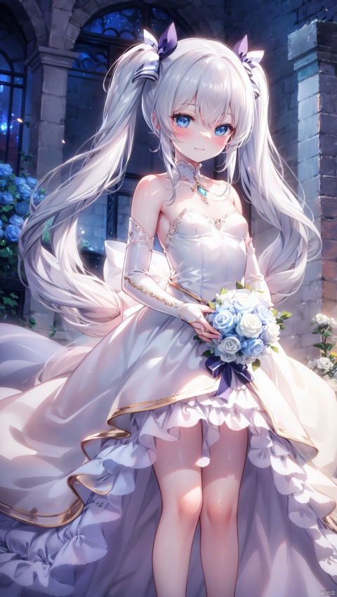  CELIA CLAIRE,bridal,beautiful detailed girl,wedding dress,bridal veil,bridal gauntlets,fine fabric emphasis,ornate clothes,narrow waist,very small breasts,Glowing skin,Delicate cute face,blue eyes eyes,beautiful detailed eyes,glowing eyes,((Silver blue gradient hair)),((long hair,twintails)),hair bow,Glowing hair,Extremely delicate hair,Thin leg,bridal garter,((beautiful detailed hands)),Slender fingers,pink nails,hand on chest,holding bridal bouquet,mischievous smile(expression),beautiful detailed mouth,aquamarine(ornament),garden,pool,hyper realistic,magic,8k,incredible quality,best quality,masterpiece,highly detailed,extremely detailed CG,cinematic lighting,backlighting,full body,high definition,detail enhancement,(perfect hands, perfect anatomy),detail enhancement,