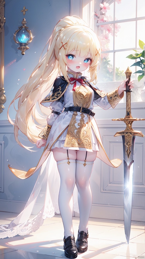 darkness (konosuba),paladin,petite child(1.5),aged down,chibi,extremely delicate and beautiful girls,narrow waist,Glowing skin,Delicate cute face,blush sticker,blush,knight armor,white and gold clothes,fine fabric emphasis,ornate clothes,((blue eyes)),beautiful detailed eyes,Glowing eyes,((heart-shaped pupils)),((blonde hair)),((ponytail,x hair ornament)),very long hair,Extremely delicate hair,Thin leg,black thighhighs,beautiful detailed fingers,steepled fingers,(beautiful detailed hands),((standing,Holding a long sword,ornate sword,attack  viewer)),ahegao(expression),smile,tongue out,licking lips,drooling,fangs out,big fangs,puffy cheeks,beautiful detailed mouth,Looking down at viewer,semen in the mouth,heart(ornament),palace,shield decorated on the wall,hyper realistic,magic,8k,incredible quality,best quality,masterpiece,highly detailed,extremely detailed CG,cinematic lighting,backlighting,full body,high definition,detail enhancement,(perfect hands, perfect anatomy),8k_wallpaper,extreme details,colorful,1girl