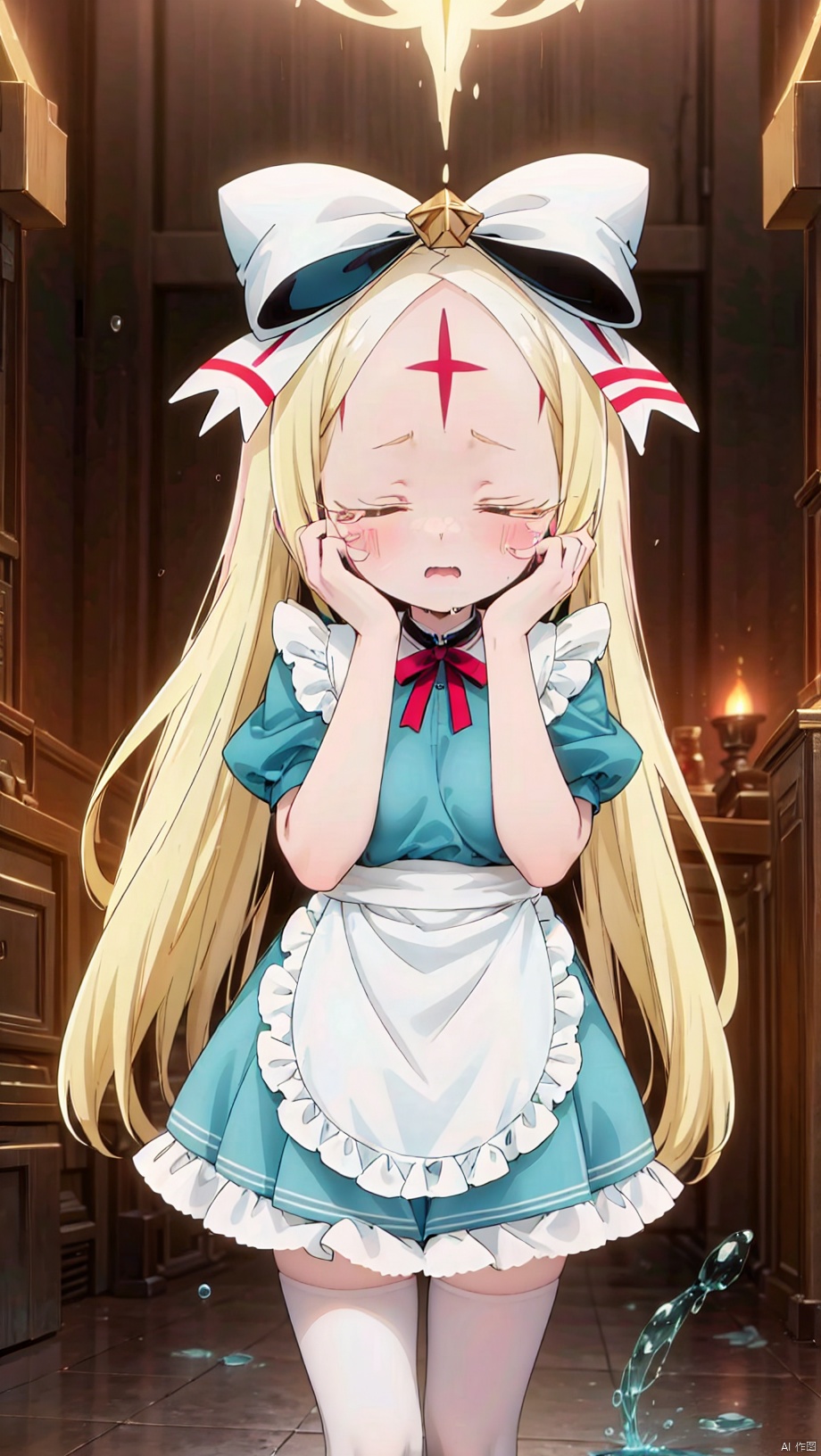 尼禄爱丽丝,loli,beautiful detailed girl,narrow waist,very small breasts,Glowing skin,Delicate cute face,((forehead mark)),puffy sleeves, apron, bluedress,whiteapron,torn clothes,broken clothes,red eyes,beautiful detailed eyes,glowing eyes,(half-closed eyes),((blonde hair)),((long hair,bow, ribbon)),Glowing hair,Extremely delicate hair,Thin leg,white legwear garter,beautiful detailed fingers,Slender fingers,steepled fingers,Shiny nails,(standing,hands on own crotch),tearful(expression),teardrop on the face,Tears on the chin,open mouth,wavy mouth,mouth drool,screaming,heavy breathing,beautiful detailed mouth,looking at viewer,semen in the mouth,semen on the hair,semen on the face,too many semen on the breasts,too many semen dripping from the body,blood on between legs,heart(ornament),ruins,broken window,hyper realistic,magic,8k,incredible quality,best quality,masterpiece,highly detailed,extremely detailed CG,cinematic lighting,full body,high defin,(perfect hands, perfect anatomy), 808