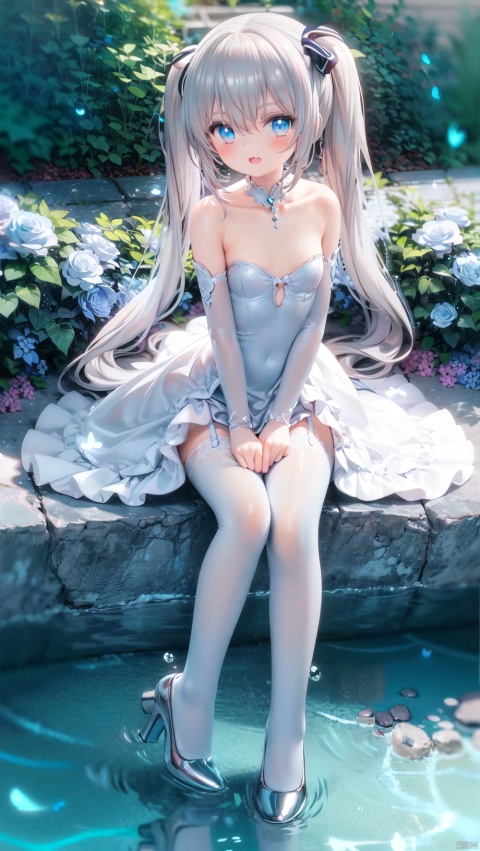 CELIA CLAIRE,loli,beautiful detailed girl,wedding dress,bridal veil,bridal gauntlets,fine fabric emphasis,ornate clothes,narrow waist,very small breasts,Glowing skin,Delicate cute face,blue eyes eyes,beautiful detailed eyes,glowing eyes,((Silver blue gradient hair)),((long hair,twintails)),hair bow,Glowing hair,Extremely delicate hair,Thin leg,white legwear garter,((beautiful detailed hands)),Slender fingers,pink nails,mischievous smile(expression),finger to eye,open mouth,tongue out,fangs out,beautiful detailed mouth,aquamarine(ornament),garden,pool,hyper realistic,magic,8k,incredible quality,best quality,masterpiece,highly detailed,extremely detailed CG,cinematic lighting,backlighting,full body,high definition,detail enhancement,(perfect hands, perfect anatomy),detail enhancement,