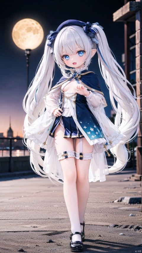 (4349,4349,4349:1),celia claire,loli,beautiful detailed girl,white capelet,beret,ornate clothes,narrow waist,very small breasts,Glowing skin,Delicate cute face,blue eyes eyes,beautiful detailed eyes,glowing eyes,((Silver blue gradient hair)),((long hair,twintails)),hair bow,Glowing hair,Extremely delicate hair,Thin leg,white legwear garter,((beautiful detailed hands)),Slender fingers,smug(expression),standing,hands on hips,:3,open mouth,tongue out,fangs out,long fang,beautiful detailed mouth,crescent moon(ornament),colosseum,Marble Pillar,hyper realistic,magic,8k,incredible quality,best quality,masterpiece,highly detailed,extremely detailed CG,cinematic lighting,full body,lots of gold coins falling,high definition,detail enhancement