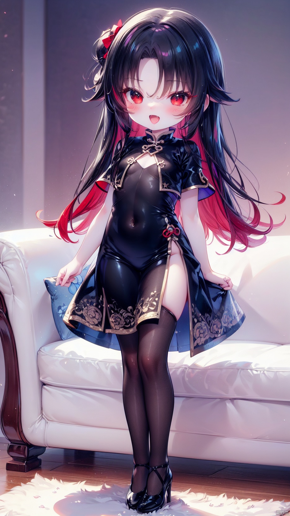 yashajin ai,1girl,petite child(1.5),aged down,chibi,extremely delicate and beautiful girls,narrow waist,Delicate cute face,blush sticker,blush,china dress,chinese dress,red print china dress,ornate clothes,red eyes,beautiful detailed eyes,Glowing eyes,((half-closed eyes,tsurime)),((Black red gradient hair)),((hair spread out)),very long hair,floating hair,Extremely delicate hair,Thin leg,black pantyhose,Fine fingers,steepled nail,(beautiful detailed hands),((hand up,v arms)),ahegao(expression),smile,open mouth,tongue out,licking lips,drooling,fangs out,big fangs,puffy cheeks,beautiful detailed mouth,looking at viewer,heart(ornament),living room,couch,hyper realistic,magic,4k,incredible quality,best quality,masterpiece,highly detailed,extremely detailed CG,cinematic lighting,light particle,backlighting,full body,high definition,detail enhancement,(perfect hands, perfect anatomy),8k_wallpaper,extreme details,colorful