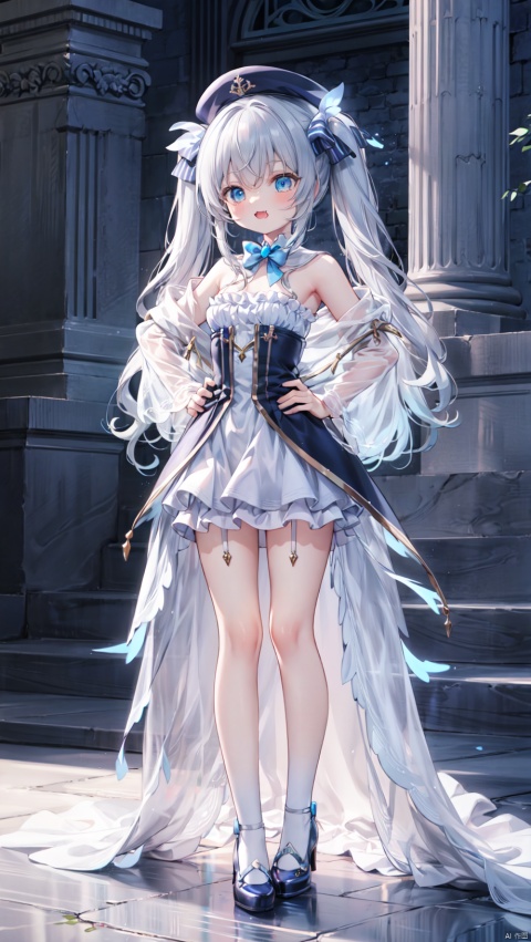 celia claire,loli,beautiful detailed girl,white Priestly robe,beret,bow bowtie,fine fabric emphasis,ornate clothes,narrow waist,very small breasts,Glowing skin,Delicate cute face,blue eyes eyes,beautiful detailed eyes,glowing eyes,((Silver blue gradient hair)),((long hair,twintails)),hair bow,Glowing hair,Extremely delicate hair,Thin leg,white legwear garter,((beautiful detailed hands)),Slender fingers,smug(expression),standing,hands on hips,:3,tongue out,fangs out,long fang,beautiful detailed mouth,aquamarine(ornament),colosseum,Marble Pillar,hyper realistic,magic,8k,incredible quality,best quality,masterpiece,highly detailed,extremely detailed CG,cinematic lighting,backlighting,full body,high definition,detail enhancement,(perfect hands, perfect anatomy),detail enhancement,