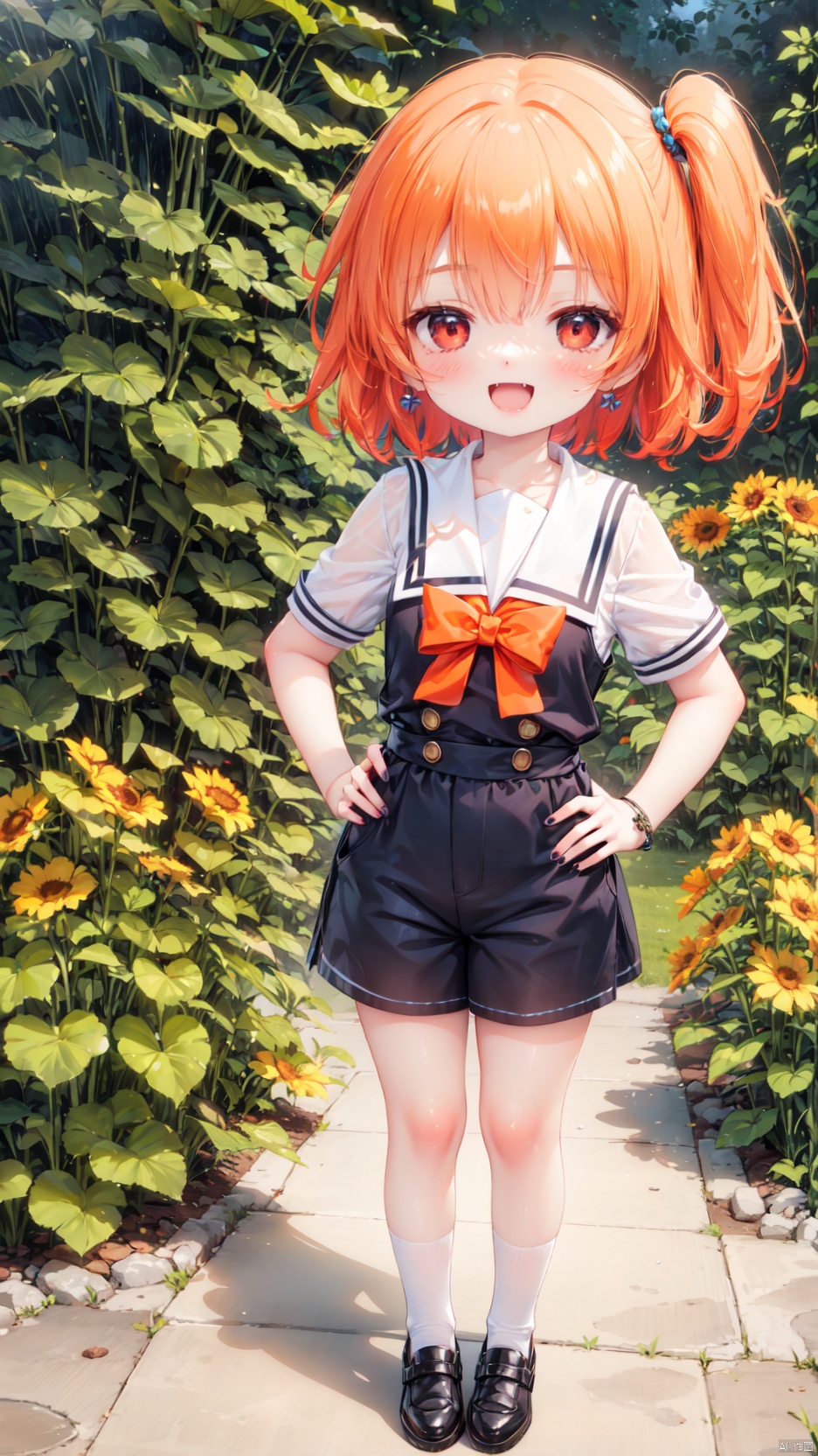 hoshino hinata,Little girl(1.4),aged down,beautiful detailed girl,narrow waist,small breasts,Glowing skin,Delicate cute face,sailor senshi uniform,fine fabric emphasis,ornate clothes,red eyes,beautiful detailed eyes,Glowing eyes,((half-closed eyes)),((orange hair)),((side ponytail,hair rings)),short hair,glowing hair,Extremely delicate hair,Thin leg,bobby socks,Slender fingers,steepled fingers,Shiny nails,mischievous smile(expression),one hand on hip,thumbs up,:d,open mouth,fangs out,long fang,beautiful detailed mouth,sunflower print(ornament),garden,fountain,hyper realistic,magic,4k,incredible quality,best quality,masterpiece,highly detailed,extremely detailed CG,cinematic lighting,light particle,backlighting,full body,high definition,detail enhancement,(perfect hands, perfect anatomy),8k_wallpaper,extreme details,colorful