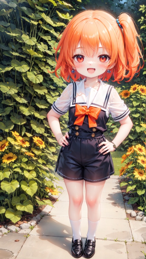 hoshino hinata,Little girl(1.4),aged down,beautiful detailed girl,narrow waist,small breasts,Glowing skin,Delicate cute face,sailor senshi uniform,fine fabric emphasis,ornate clothes,red eyes,beautiful detailed eyes,Glowing eyes,((half-closed eyes)),((orange hair)),((side ponytail,hair rings)),short hair,glowing hair,Extremely delicate hair,Thin leg,bobby socks,Slender fingers,steepled fingers,Shiny nails,mischievous smile(expression),one hand on hip,thumbs up,:d,open mouth,fangs out,long fang,beautiful detailed mouth,sunflower print(ornament),garden,fountain,hyper realistic,magic,4k,incredible quality,best quality,masterpiece,highly detailed,extremely detailed CG,cinematic lighting,light particle,backlighting,full body,high definition,detail enhancement,(perfect hands, perfect anatomy),8k_wallpaper,extreme details,colorful