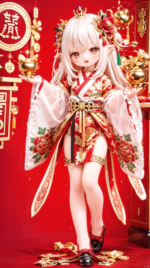  gold Theme,Human Girls,little girl(1.3),aged down,beautiful detailed girl,narrow waist,small breasts,Glowing skin,gold ingot,ruby Droplet shaped Earrings,crown,Delicate cute face,hanfu,chineseclothes,fine fabric emphasis,ornate clothes,gold Eyes,beautiful detailed eyes,Glowing eyes,((half-closed eyes)),((gold hair)),very long hair,long hair,glowing hair,Extremely delicate longhair,gold hair ornament,gold Heart Necklace,bare legs,Thin leg,Golden shoes,gold legwear garter,bare arms,Slender fingers,steepled fingers,Shiny nails,mischievous smile(expression),hand up,finger to eye,open mouth,tongue out,fangs out,long fang,beautiful detailed mouth,gold(ornament),garden, fountain,hyper realistic,magic,8k,incredible quality,best quality,masterpiece,highly detailed,extremely detailed CG,cinematic lighting, dafengcaishen, full body, lots of gold coins falling, ownhandstogether,Chinese New Year, festive atmosphere, 3D modeling and rendering, high definition, detail enhancement,facai