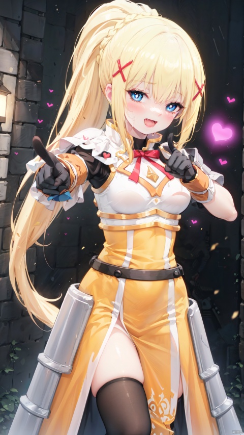 darkness (konosuba),paladin,petite child(1.5),aged down,chibi,extremely delicate and beautiful girls,narrow waist,Glowing skin,Delicate cute face,blush sticker,blush,knight armor,white and gold clothes,fine fabric emphasis,ornate clothes,((blue eyes)),beautiful detailed eyes,Glowing eyes,((heart-shaped pupils)),((blonde hair)),((ponytail,x hair ornament)),very long hair,Extremely delicate hair,Thin leg,black thighhighs,beautiful detailed fingers,steepled fingers,(beautiful detailed hands),((standing,arm up,finger gun,pointing at viewer)),ahegao(expression),:d,open mouth,tongue out,fangs out,long fang,licking lips,drooling,fangs out,big fangs,puffy cheeks,beautiful detailed mouth,Looking down at viewer,heart(ornament),palace,shield decorated on the wall,hyper realistic,magic,8k,incredible quality,best quality,masterpiece,highly detailed,extremely detailed CG,cinematic lighting,backlighting,full body,high definition,detail enhancement,(perfect hands, perfect anatomy),8k_wallpaper,extreme details,colorful,