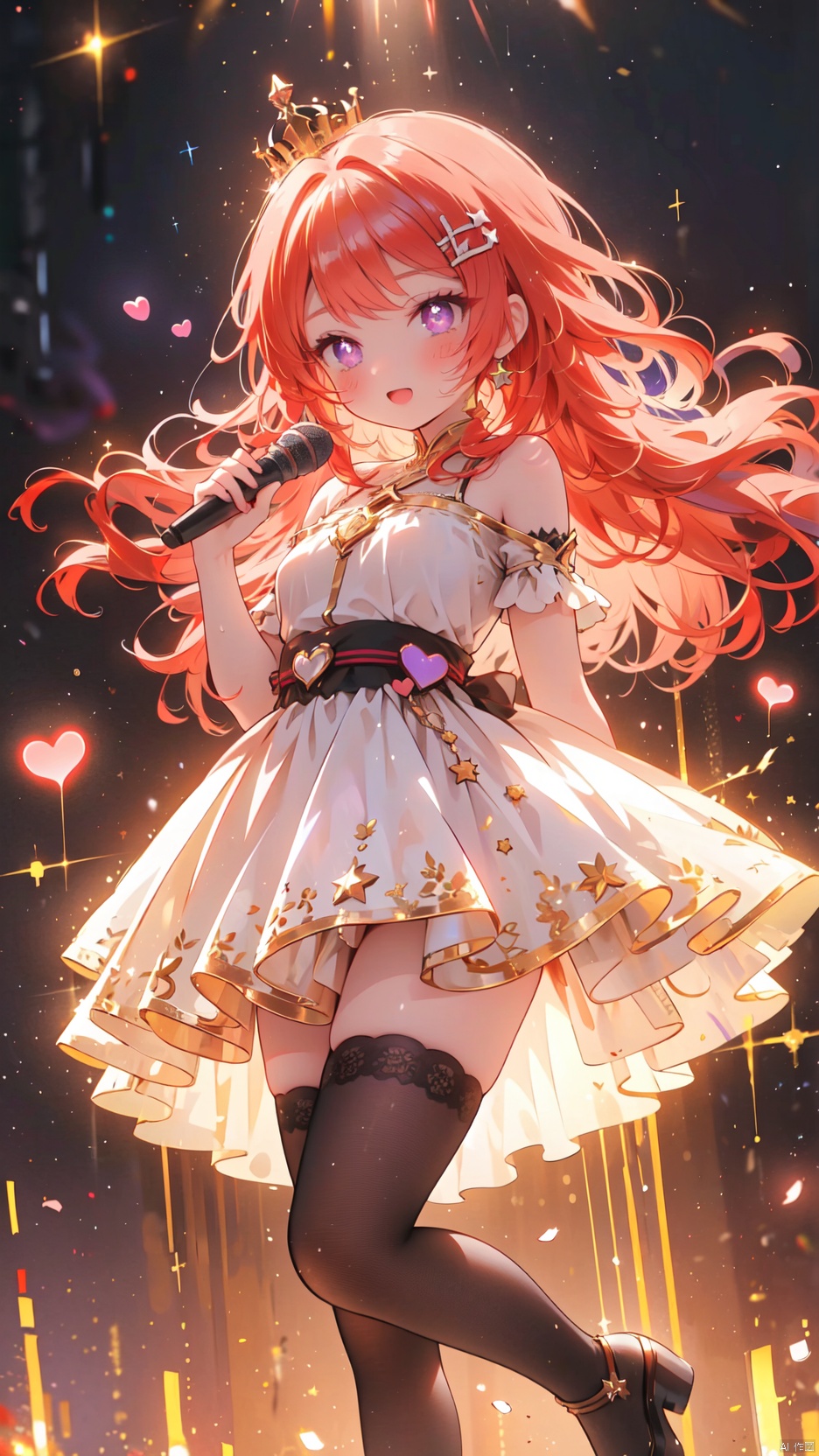 nishikino maki,love live!,1girl,petite child(1.5),aged down,chibi,extremely delicate and beautiful girls,narrow waist,Glowing skin,pubic tattoo,princess crown,small crown,Delicate cute face,blush sticker,blush,(nude),((purple eyes)),beautiful detailed eyes,Glowing eyes,((heart-shaped pupils)),((red hair)),((wavy hair,Star shaped hair clip)),hair over shoulder,Extremely delicate hair,Thin leg,black thighhighs,beautiful detailed fingers,steepled fingers,(beautiful detailed hands),standing,((holding microphone,kirara jump)),mischievous smile(expression),looking down at viewer,:p,open mouth,puffy cheeks,Raising the corners of the mouth,beautiful detailed mouth,looking down at viewer,star(ornament),stage,stage lights,lasers,shiny rod,hyper realistic,magic,8k,incredible quality,best quality,masterpiece,highly detailed,extremely detailed CG,cinematic lighting,backlighting,full body,high definition,detail enhancement,(perfect hands, perfect anatomy),8k_wallpaper,extreme details,colorful,