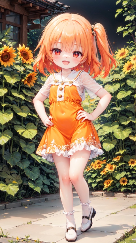  hoshino hinata,Little girl(1.4),aged down,beautiful detailed girl,narrow waist,small breasts,Glowing skin,Delicate cute face,tennis dress,fine fabric emphasis,ornate clothes,red eyes,beautiful detailed eyes,Glowing eyes,((half-closed eyes)),((orange hair)),((side ponytail,hair rings)),short hair,glowing hair,Extremely delicate hair,Thin leg,bobby socks,Slender fingers,steepled fingers,Shiny nails,mischievous smile(expression),one hand on hip,thumbs up,:d,open mouth,fangs out,long fang,beautiful detailed mouth,sunflower print(ornament),garden,fountain,hyper realistic,magic,4k,incredible quality,best quality,masterpiece,highly detailed,extremely detailed CG,cinematic lighting,light particle,backlighting,full body,high definition,detail enhancement,(perfect hands, perfect anatomy),8k_wallpaper,extreme details,colorful