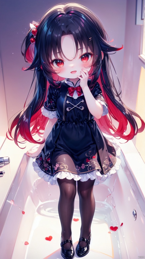 yashajin ai,1girl,petite child(1.5),aged down,chibi,extremely delicate and beautiful girls,narrow waist,Delicate cute face,blush sticker,blush,china dress,chinese dress,red clothes,ornate clothes,red eyes,beautiful detailed eyes,Glowing eyes,((half-closed eyes,tsurime)),((Black red gradient hair)),((hair spread out)),very long hair,floating hair,Extremely delicate hair,Thin leg,black pantyhose,Fine fingers,steepled nail,(beautiful detailed hands),((hand up,hand on own cheek)),happy(expression),:3,puffy cheeks,open mouth,drooling,beautiful detailed mouth,looking at desk,heart(ornament),bathroom,bathtub,hyper realistic,magic,4k,incredible quality,best quality,masterpiece,highly detailed,extremely detailed CG,cinematic lighting,light particle,backlighting,full body,high definition,detail enhancement,(perfect hands, perfect anatomy),8k_wallpaper,extreme details,colorful