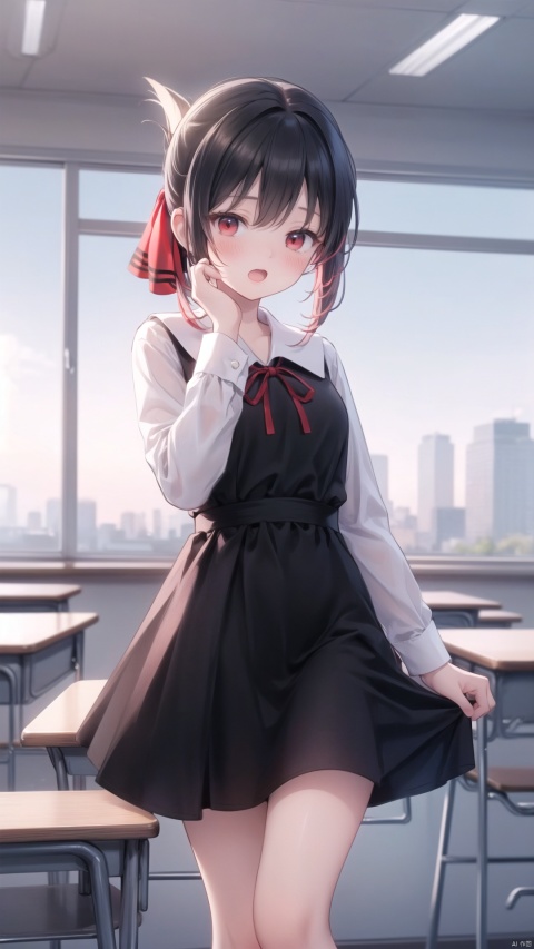  (cowboy shot,4349,4349,4349:1),shinomiya kaguya,loli,beautiful detailed girl,narrow waist,small breasts,Delicate cute face,nose blush,blush,school uniform, black dress, long sleeves, red ribbon, collared shirt, dress shirt, long sleeves, school uniform, shirt,shuuchiin academy school uniform,fine fabric emphasis,ornate clothes,( red eyes),beautiful detailed eyes,half-closed eyes,((black hair)),((folded ponytail, hair ribbon, red ribbon)),short hair,glowing hair,Extremely delicate longhair,Thin leg,black socks,on school desk,(hand on own face), smug(expression),open mouth,Upturned corners of the mouth,;3,beautiful detailed mouth,looking down at viewer,pink hair bow(ornament),classroom,school desk,hyper realistic,magic,8k,incredible quality,best quality,masterpiece,highly detailed,extremely detailed CG,cinematic lighting,full body,high defin,(perfect hands, perfect anatomy), , wings