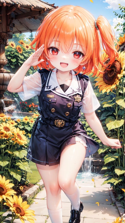 hoshino hinata,Little girl(1.4),aged down,beautiful detailed girl,narrow waist,small breasts,Glowing skin,Delicate cute face,police uniform,fine fabric emphasis,ornate clothes,red eyes,beautiful detailed eyes,Glowing eyes,((half-closed eyes)),((orange hair)),((side ponytail,hair rings)),short hair,glowing hair,Extremely delicate hair,Thin leg,bobby socks,Slender fingers,steepled fingers,Shiny nails,mischievous smile(expression),art shift,salute,:d,open mouth,fangs out,long fang,beautiful detailed mouth,sunflower print(ornament),garden,fountain,hyper realistic,magic,4k,incredible quality,best quality,masterpiece,highly detailed,extremely detailed CG,cinematic lighting,light particle,backlighting,full body,high definition,detail enhancement,(perfect hands, perfect anatomy),8k_wallpaper,extreme details,colorful