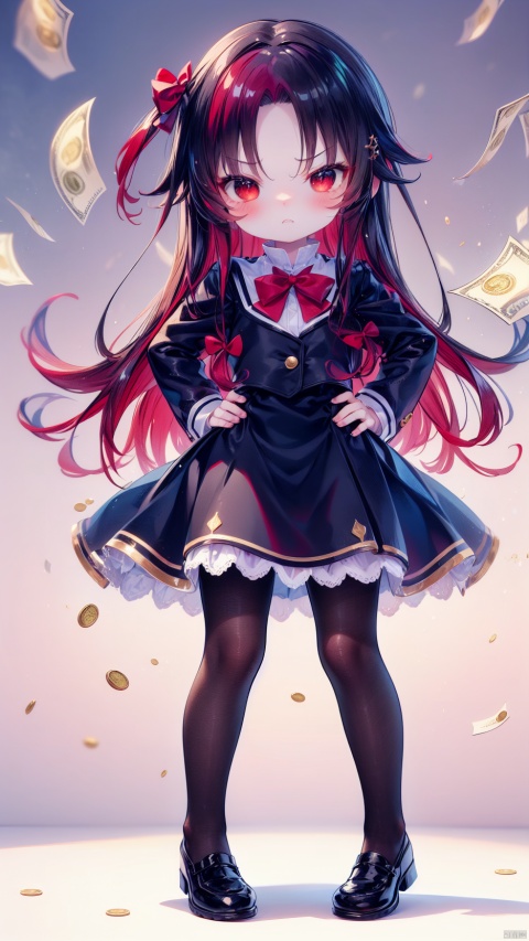 yashajin ai,1girl,petite child(1.5),aged down,chibi,extremely delicate and beautiful girls,narrow waist,Delicate cute face,blush sticker,blush,school uniform,ornate clothes,red eyes,beautiful detailed eyes,Glowing eyes,((half-closed eyes,tsurime)),((Black red gradient hair)),((hair spread out,red hair bow)),very long hair,floating hair,Extremely delicate hair,Thin leg,black pantyhose,Fine fingers,steepled nail,(beautiful detailed hands),((hands on hips)),disdain(expression),jitome,raised eyebrow,scowl,v-shaped eyebrows,clenched teeth,looking down at viewer,puffy cheeks,beautiful detailed mouth,falling gold coin(ornament),living room,couch,lots of money falling,gold coin pile,hyper realistic,magic,4k,incredible quality,best quality,masterpiece,highly detailed,extremely detailed CG,cinematic lighting,light particle,backlighting,full body,high definition,detail enhancement,(perfect hands, perfect anatomy),8k_wallpaper,extreme details,colorful