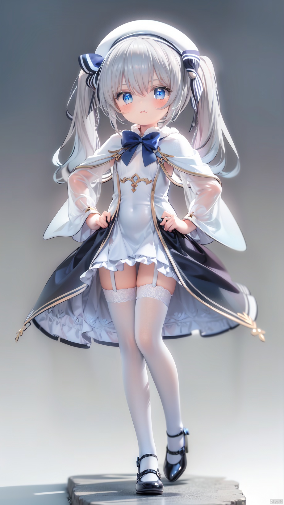 (4349,4349,4349:1),celia claire,loli,beautiful detailed girl,white capelet,beret,bow bowtie,ornate clothes,narrow waist,very small breasts,Glowing skin,Delicate cute face,blue eyes eyes,beautiful detailed eyes,glowing eyes,((Silver blue gradient hair)),((long hair,twintails)),hair bow,Glowing hair,Extremely delicate hair,Thin leg,white legwear garter,((beautiful detailed hands)),Slender fingers,smug(expression),standing,hands on hips,:3,tongue out,fangs out,long fang,beautiful detailed mouth,aquamarine(ornament),colosseum,Marble Pillar,hyper realistic,magic,8k,incredible quality,best quality,masterpiece,highly detailed,extremely detailed CG,cinematic lighting,backlighting,full body,high definition,detail enhancement,(perfect hands, perfect anatomy),detail enhancement,