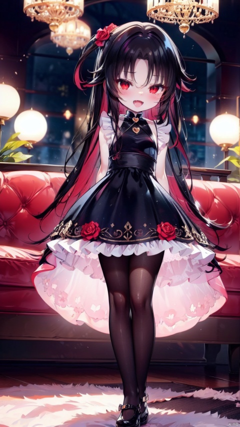 yashajin ai,1girl,petite child(1.5),aged down,chibi,extremely delicate and beautiful girls,Crystal ball,girls in Crystal ball,narrow waist,Delicate cute face,blush sticker,blush,princess crown,princess dress,ornate clothes,red eyes,beautiful detailed eyes,Glowing eyes,((half-closed eyes,tsurime)),((Black red gradient hair)),((hair spread out)),very long hair,floating hair,Extremely delicate hair,Thin leg,black pantyhose,Fine fingers,steepled nail,(beautiful detailed hands),((arms behind back)),ahegao(expression),smile,open mouth,tongue out,licking lips,drooling,fangs out,big fangs,puffy cheeks,beautiful detailed mouth,looking at viewer,heart(ornament),living room,couch,hyper realistic,magic,4k,incredible quality,best quality,masterpiece,highly detailed,extremely detailed CG,cinematic lighting,light particle,backlighting,full body,high definition,detail enhancement,(perfect hands, perfect anatomy),8k_wallpaper,extreme details,colorful