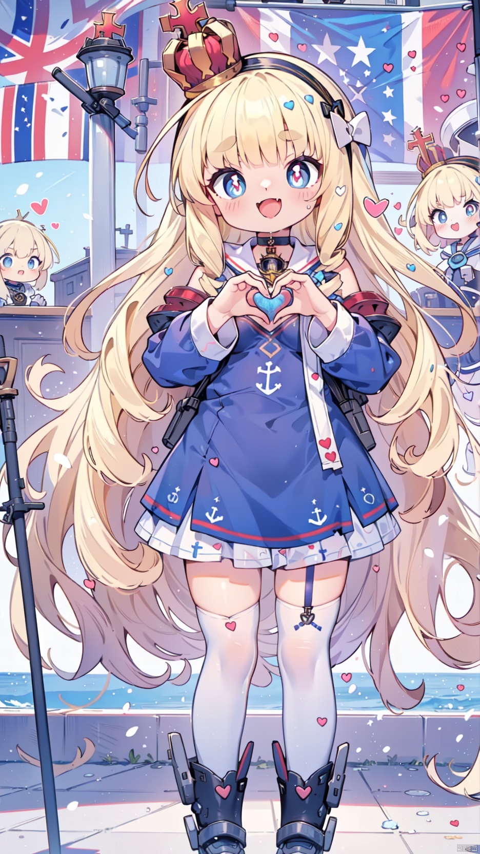  queen elizabeth (azur lane),Little girl(1.5),aged down,beautiful detailed girl,Glowing skin,steaming body,narrow waist,(very small breasts),Delicate cute face,princess crown,small crown,anchor choker,pubic tattoo,(anchor print naval uniform),ornate clothes,fine fabric emphasis,blue eyes,beautiful detailed eyes,Glowing eyes,((heart-shaped pupils)),((blonde hair)),((hair spread out,wavy hair)),very long shoulder,glowing hair,Extremely delicate hair,Thin leg,white legwear garter,black footwear,Slender fingers,steepled fingers,shiny nails,((standing,holding a flag,english flag)),ahegao(expression),smile,open mouth,tongue out,licking lips,drooling,heavy breathing,fangs out,big fangs,puffy cheeks,beautiful detailed mouth,looking at viewer,semen(ornament),warship,harbor,royal navy (emblem),hyper realistic,magic,4k,incredible quality,best quality,masterpiece,highly detailed,extremely detailed CG,cinematic lighting,light particle,backlighting,full body,high definition,detail enhancement,(perfect hands, perfect anatomy),8k_wallpaper,extreme details,colorful, shuiwa, loli, backlight