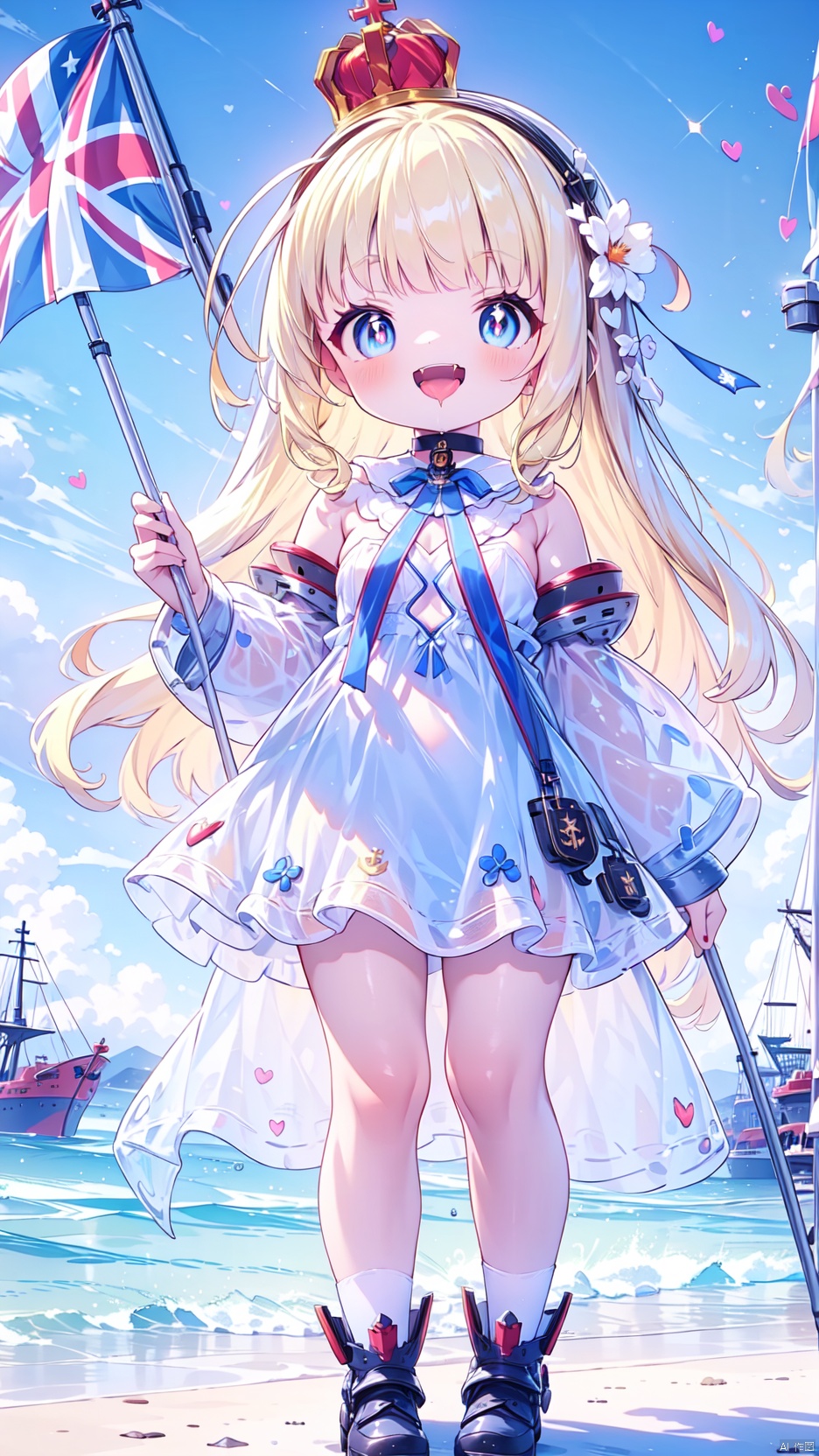  queen elizabeth (azur lane),Little girl(1.5),aged down,beautiful detailed girl,Glowing skin,steaming body,narrow waist,(very small breasts),Delicate cute face,princess crown,small crown,anchor choker,pubic tattoo,(nude),ornate clothes,fine fabric emphasis,blue eyes,beautiful detailed eyes,Glowing eyes,((heart-shaped pupils)),((blonde hair)),((hair spread out,wavy hair)),very long shoulder,glowing hair,Extremely delicate hair,Thin leg,white legwear garter,black footwear,Slender fingers,steepled fingers,shiny nails,((standing,holding a flag,english flag)),ahegao(expression),smile,open mouth,tongue out,licking lips,drooling,heavy breathing,fangs out,big fangs,puffy cheeks,beautiful detailed mouth,looking at viewer,semen(ornament),warship,harbor,royal navy (emblem),hyper realistic,magic,4k,incredible quality,best quality,masterpiece,highly detailed,extremely detailed CG,cinematic lighting,light particle,backlighting,full body,high definition,detail enhancement,(perfect hands, perfect anatomy),8k_wallpaper,extreme details,colorful,