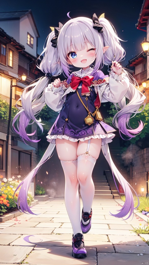 (4349,4349,4349:1),KannaKamui,dragon girl,Little girl(1.6),beautiful detailed girl,narrow waist,small breasts,Glowing skin,steaming body,Delicate cute face,dragon tail,school uniform,fine fabric emphasis,ornate clothes,blue eyes,beautiful detailed eyes,Glowing eyes,(one eye closed),((silver purple gradient hair)),((twintails,long hair )),glowing long hair,Extremely delicate hair,Thin leg,white legwear garter,beautiful detailed fingers,Slender fingers,steepled fingers,Shiny nails,(standing on one leg,hands up,art shift,hands next face,v arms,v),mischievous smile(expression),open mouth,tongue out,fangs out,beautiful detailed mouth,looking at viewer,bow(ornament),garden, fountain,hyper realistic,magic,8k,incredible quality,best quality,masterpiece,highly detailed,extremely detailed CG,cinematic lighting,backlighting,full body,high definition,detail enhancement,(perfect hands, perfect anatomy),detail enhancement