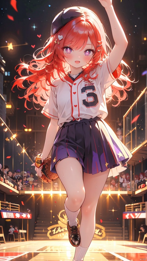 nishikino maki,love live!,1girl,petite child(1.5),aged down,chibi,extremely delicate and beautiful girls,narrow waist,Glowing skin,Delicate cute face,blush sticker,blush,red baseball cap,red baseball uniform,ornate clothes,fine fabric emphasis,((purple eyes)),beautiful detailed eyes,Glowing eyes,((heart-shaped pupils,one eye closed,tsurime)),((red hair)),((wavy hair,Star shaped hair clip)),hair over shoulder,Extremely delicate hair,Thin leg,short socks,beautiful detailed fingers,baseball mitt,(beautiful detailed hands),((Holding a baseball,arm up,finger to viewer)),mischievous smile(expression),looking down at viewer,open mouth,Raising the corners of the mouth,beautiful detailed mouth,looking at viewer,star(ornament),stage,stage lights,lasers,shiny rod,hyper realistic,magic,8k,incredible quality,best quality,masterpiece,highly detailed,extremely detailed CG,cinematic lighting,backlighting,full body,high definition,detail enhancement,(perfect hands, perfect anatomy),8k_wallpaper,extreme details,colorful,