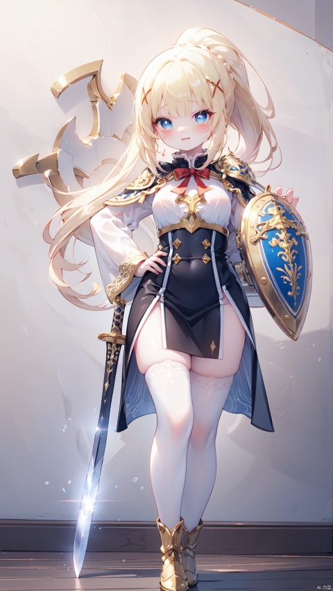 darkness (konosuba),paladin,petite child(1.5),aged down,chibi,extremely delicate and beautiful girls,narrow waist,Glowing skin,Delicate cute face,blush sticker,blush,knight armor,white and gold clothes,fine fabric emphasis,ornate clothes,((blue eyes)),beautiful detailed eyes,Glowing eyes,((heart-shaped pupils)),((blonde hair)),((ponytail,x hair ornament)),very long hair,Extremely delicate hair,Thin leg,black thighhighs,beautiful detailed fingers,steepled fingers,(beautiful detailed hands),((standing,hand on hip,arm up,Holding a long sword,ornate long sword)),ahegao(expression),smile,tongue out,licking lips,drooling,fangs out,big fangs,puffy cheeks,beautiful detailed mouth,Looking down at viewer,semen in the mouth,heart(ornament),palace,shield decorated on the wall,hyper realistic,magic,8k,incredible quality,best quality,masterpiece,highly detailed,extremely detailed CG,cinematic lighting,backlighting,full body,high definition,detail enhancement,(perfect hands, perfect anatomy),8k_wallpaper,extreme details,colorful,
